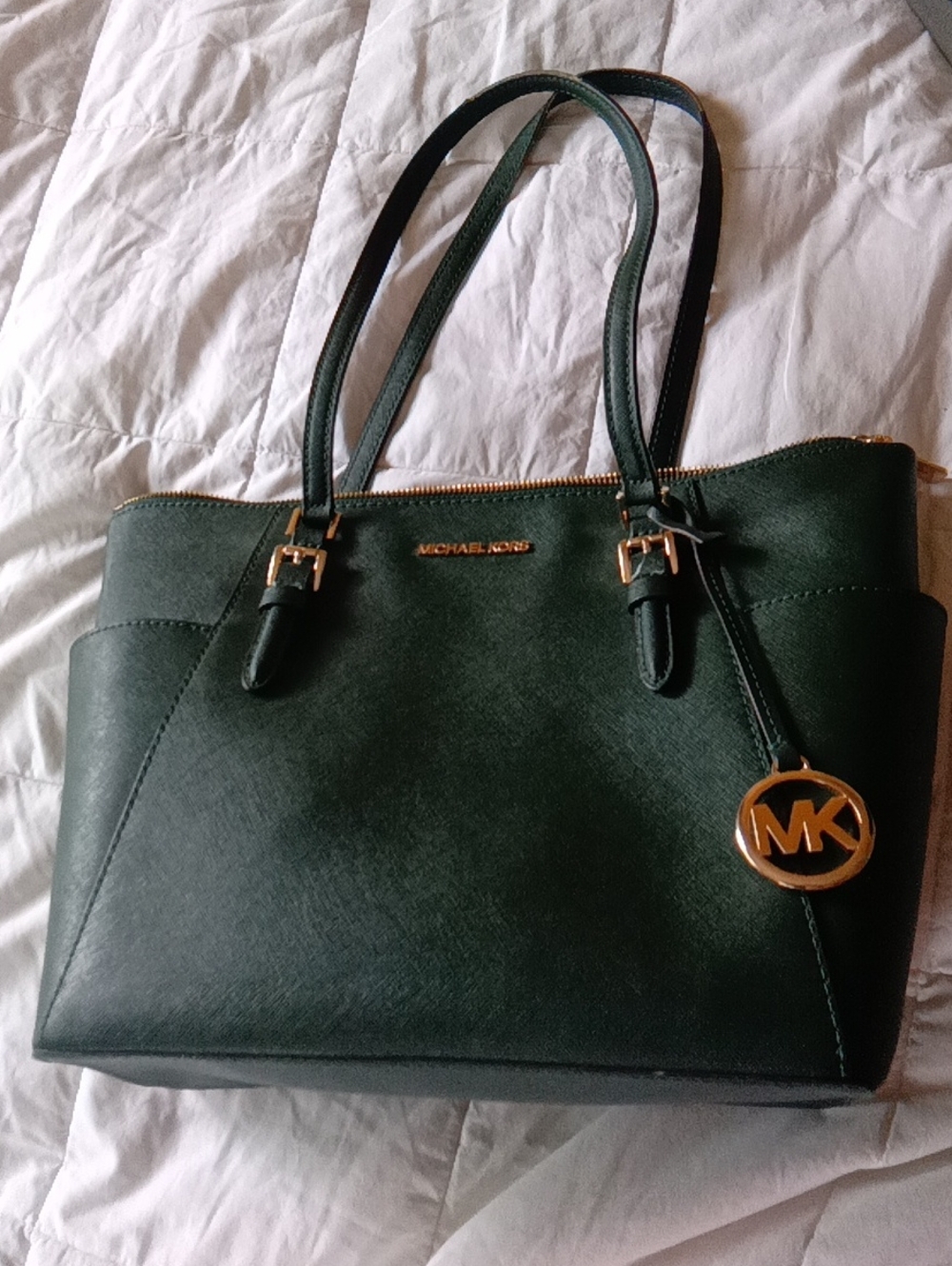 Michael Kors Green Leather Tote with Gold MK Charm